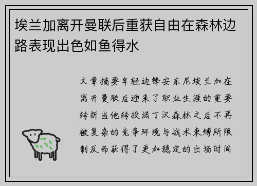 埃兰加离开曼联后重获自由在森林边路表现出色如鱼得水
