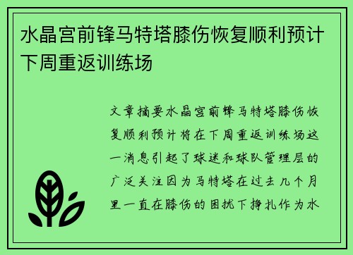 水晶宫前锋马特塔膝伤恢复顺利预计下周重返训练场